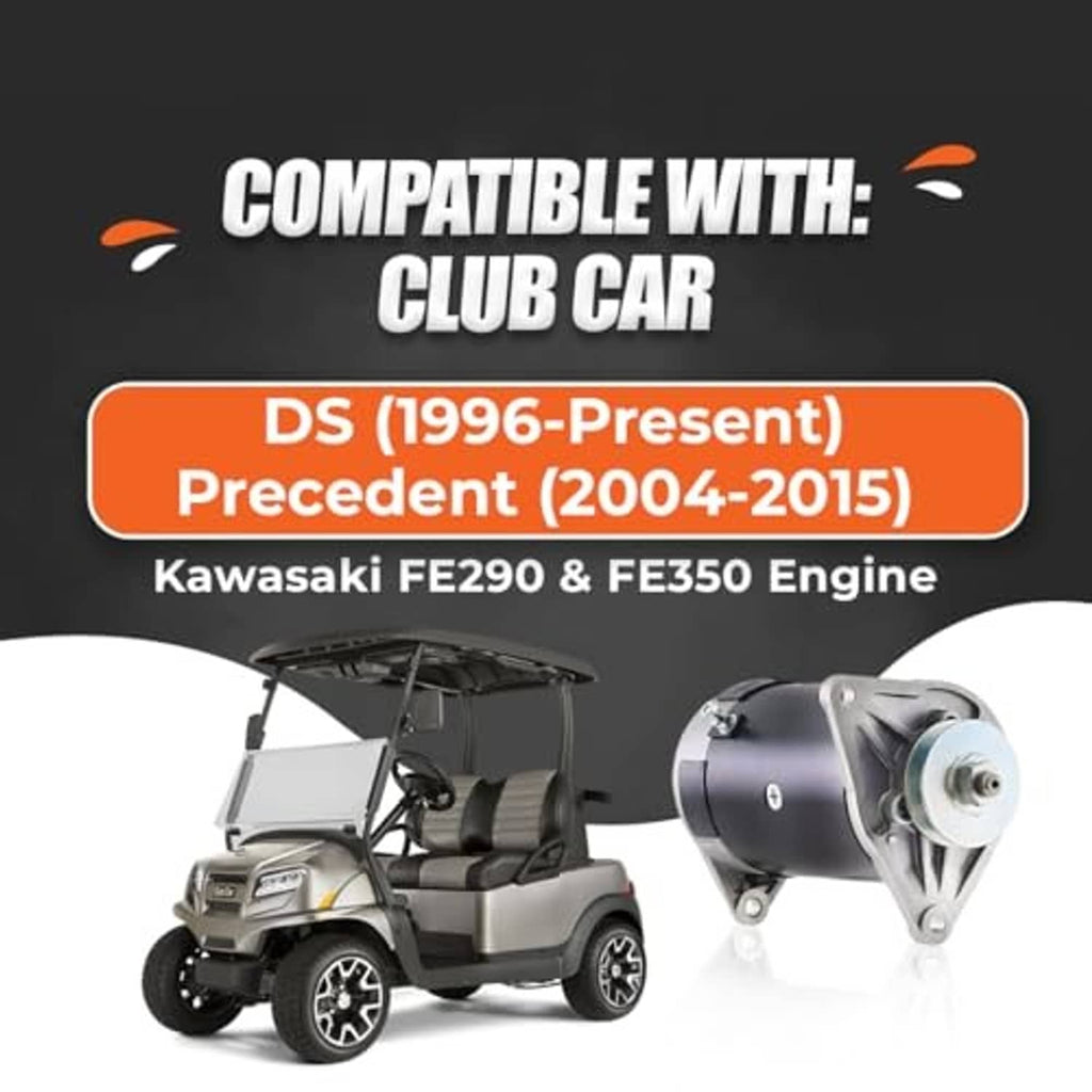 Starter generator beside a Club Car golf cart, showing black body and silver pulley