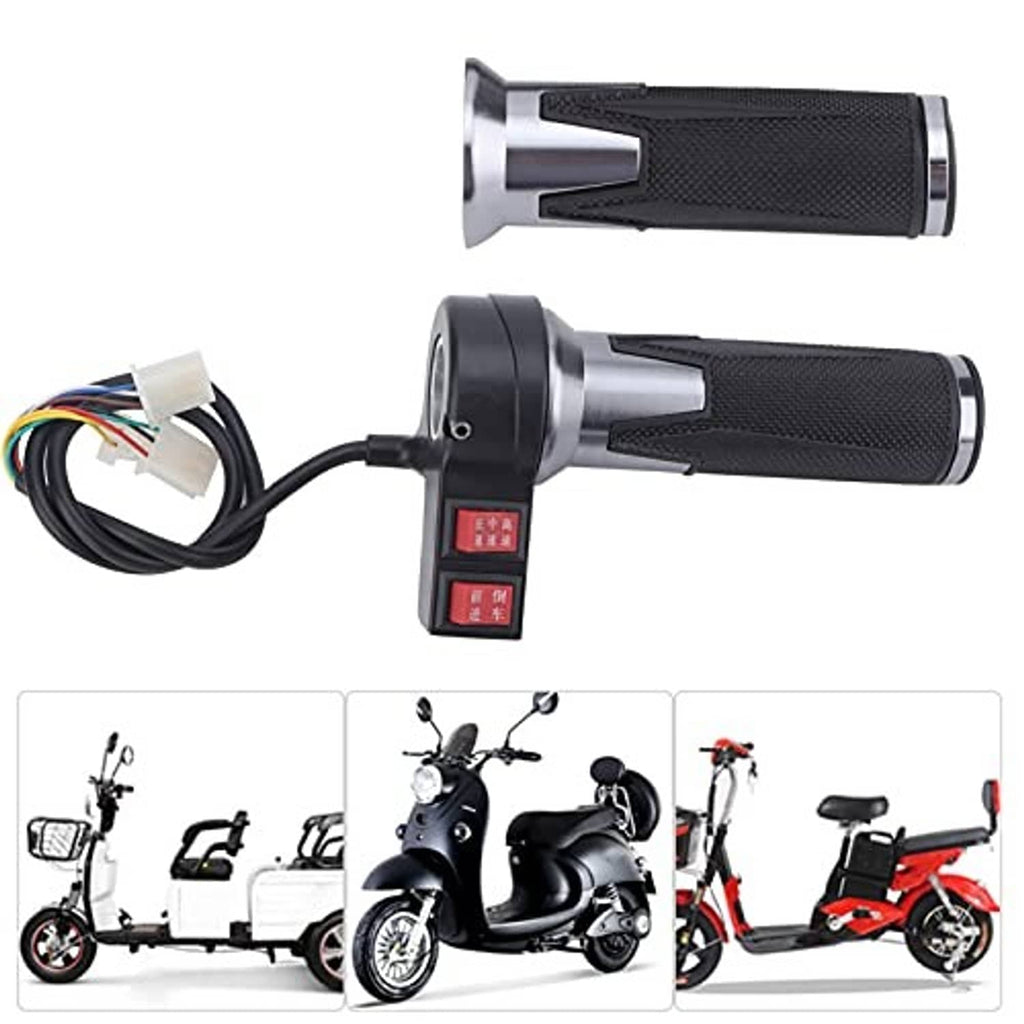 Electric throttle grip handles with black textured grips, silver housings, and cable harness