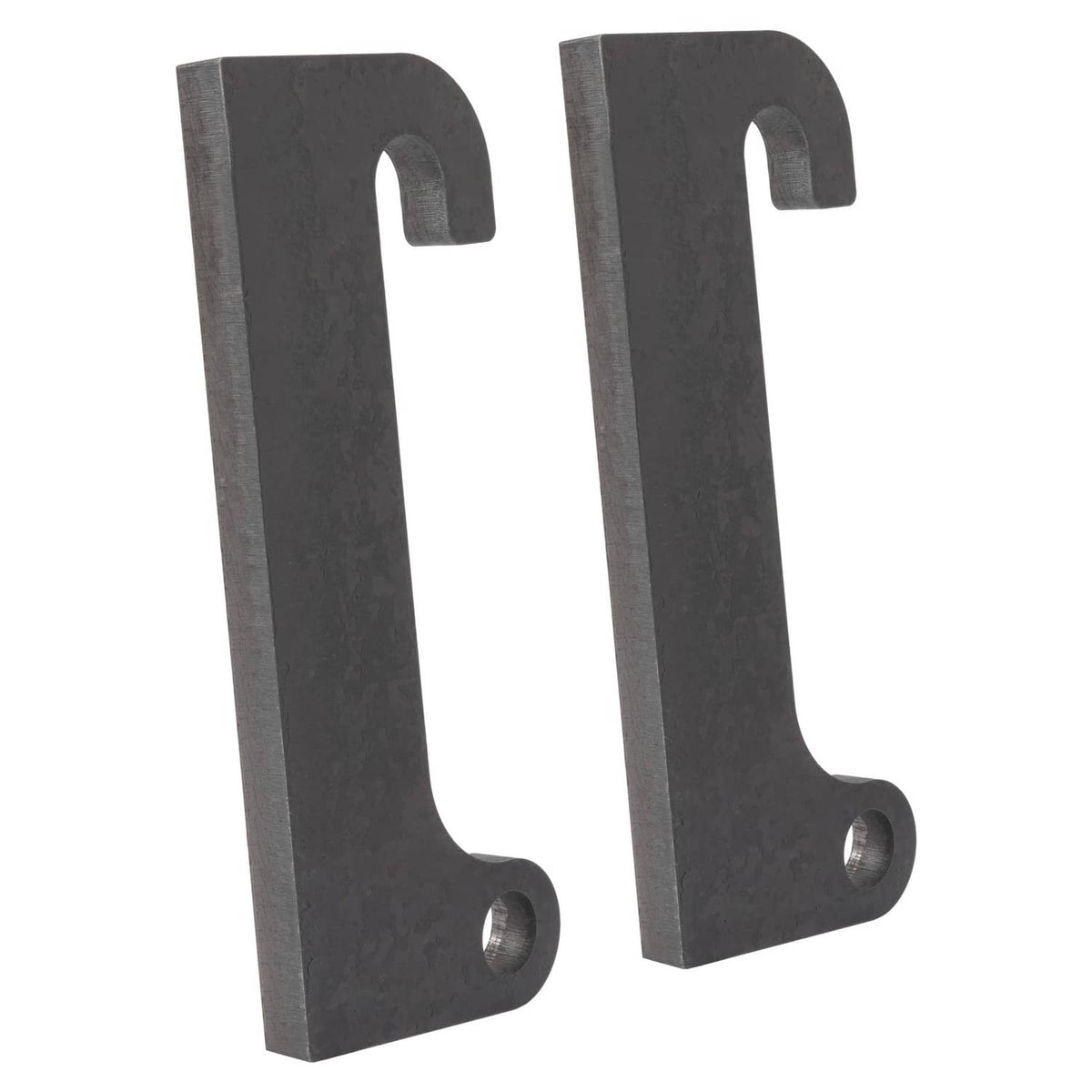 Steel quick-attach loader mount bracket pair, dark finish, with bolt holes