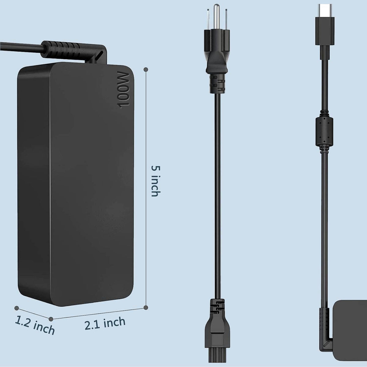Black 100W AC-to-USB-C power adapter with cable and plug end views