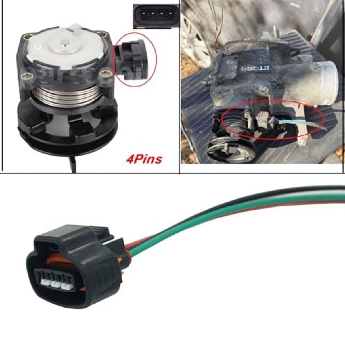 4-pin throttle body connector pigtail with dark plug and green/red/white wire harness