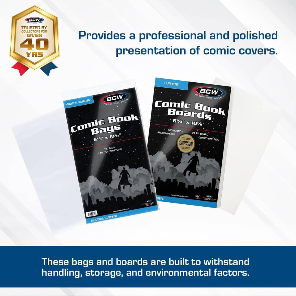 Comic book boards and bags in packaging, with Trusted by collectors badge