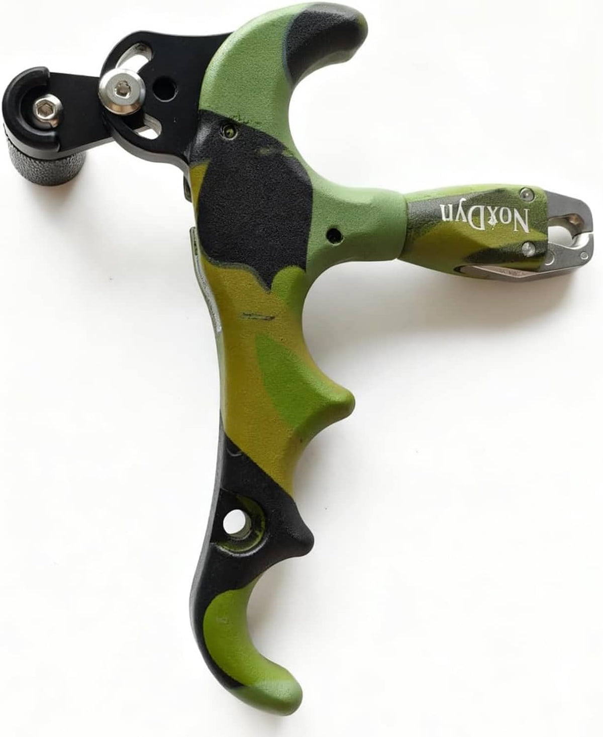 Archery thumb release with black textured release button, camo green/black body, NoxDyn
