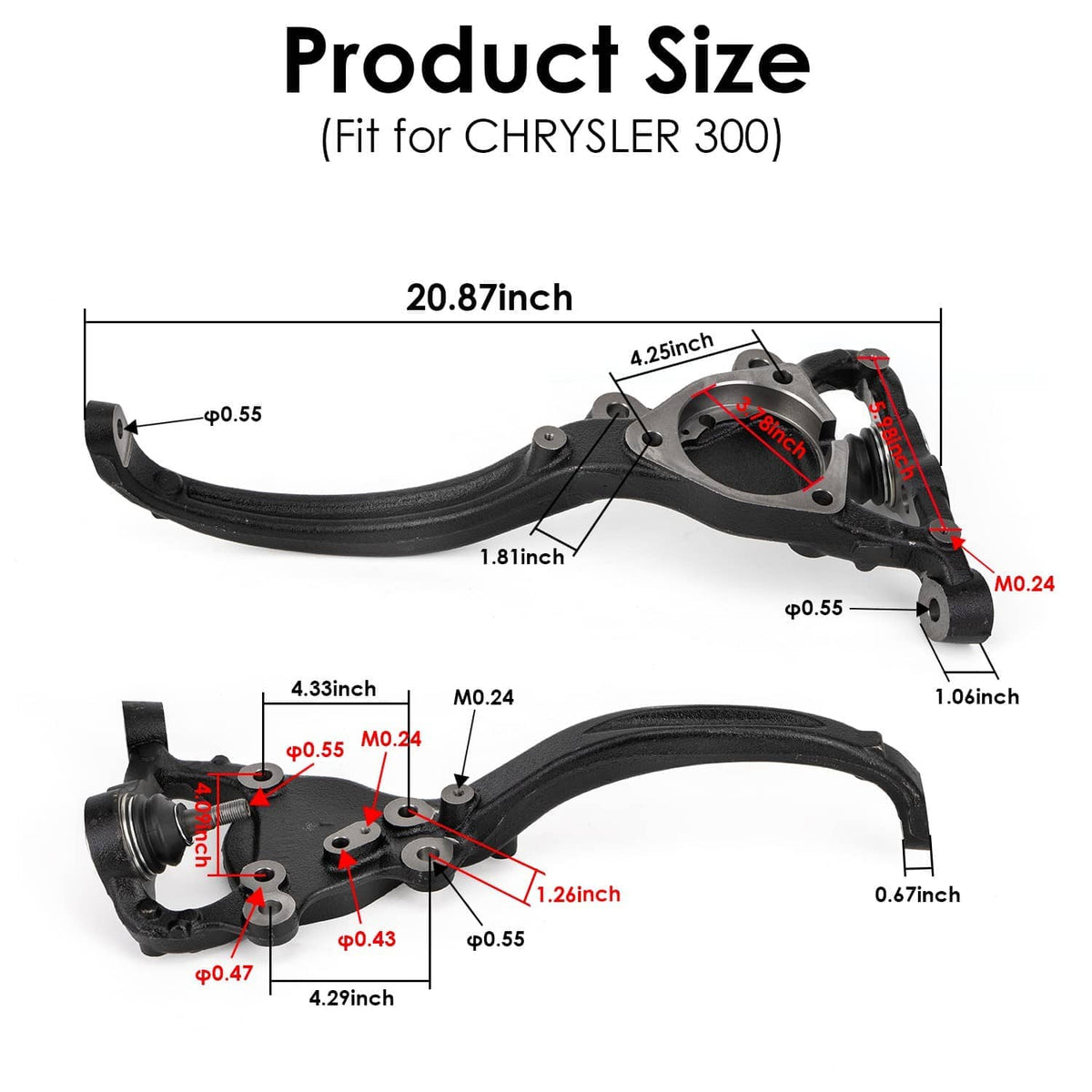 Front steering knuckle pair product size diagram with labeled measurements