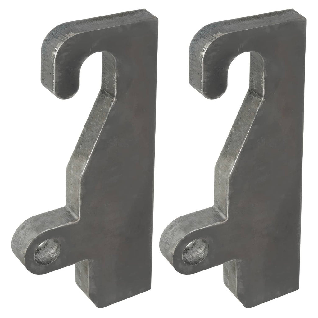 Two dark steel loader brackets with side hooks, curved ends, and round mounting holes