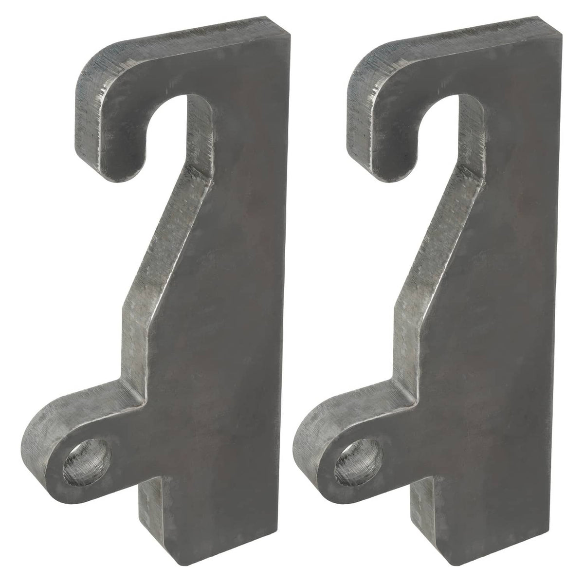 Two dark steel loader brackets with side hooks, curved ends, and round mounting holes