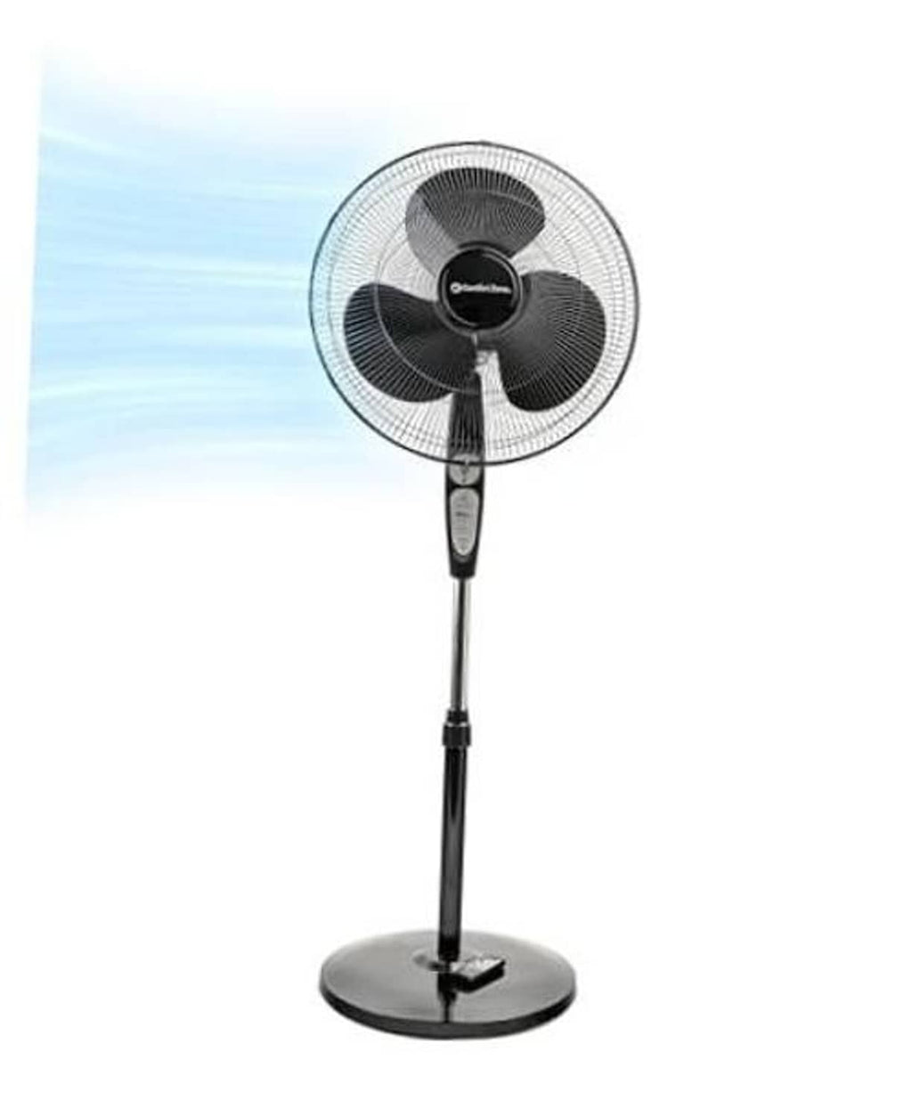 Black oscillating pedestal fan with round mesh grille and stand base