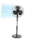 Black oscillating pedestal fan with round mesh grille and stand base