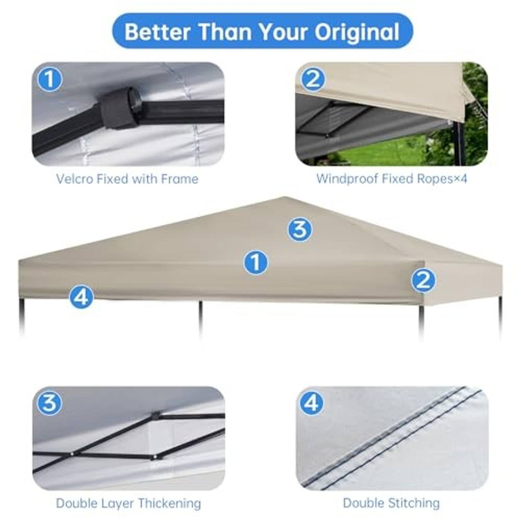 Beige tent canopy replacement top with reinforced double stitching and straps