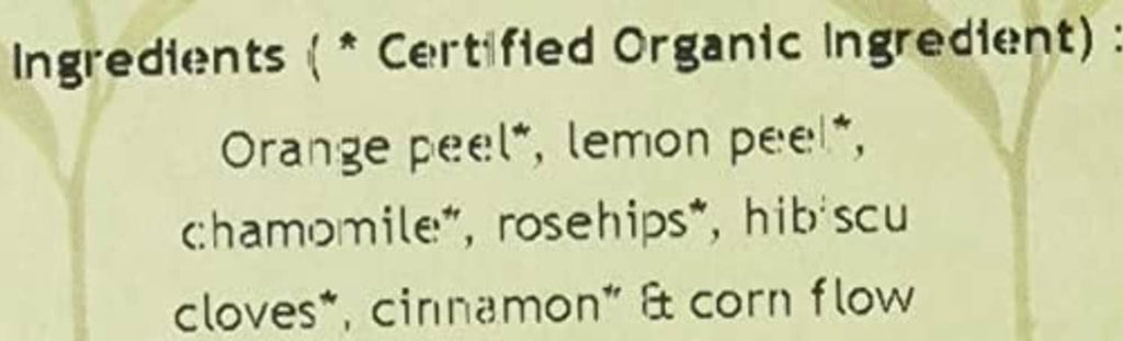 Herbal tea ingredient list: orange peel, lemon peel, chamomile, rosehips, and more.
