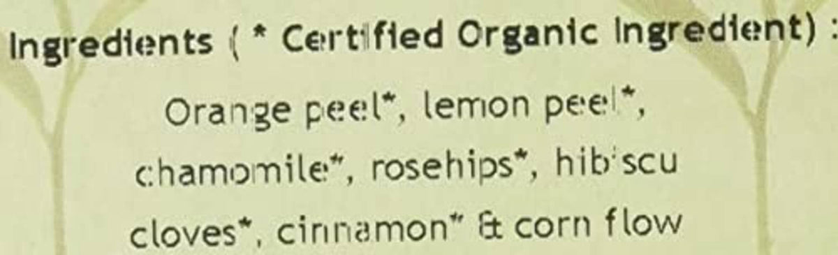 Herbal tea ingredient list: orange peel, lemon peel, chamomile, rosehips, and more.