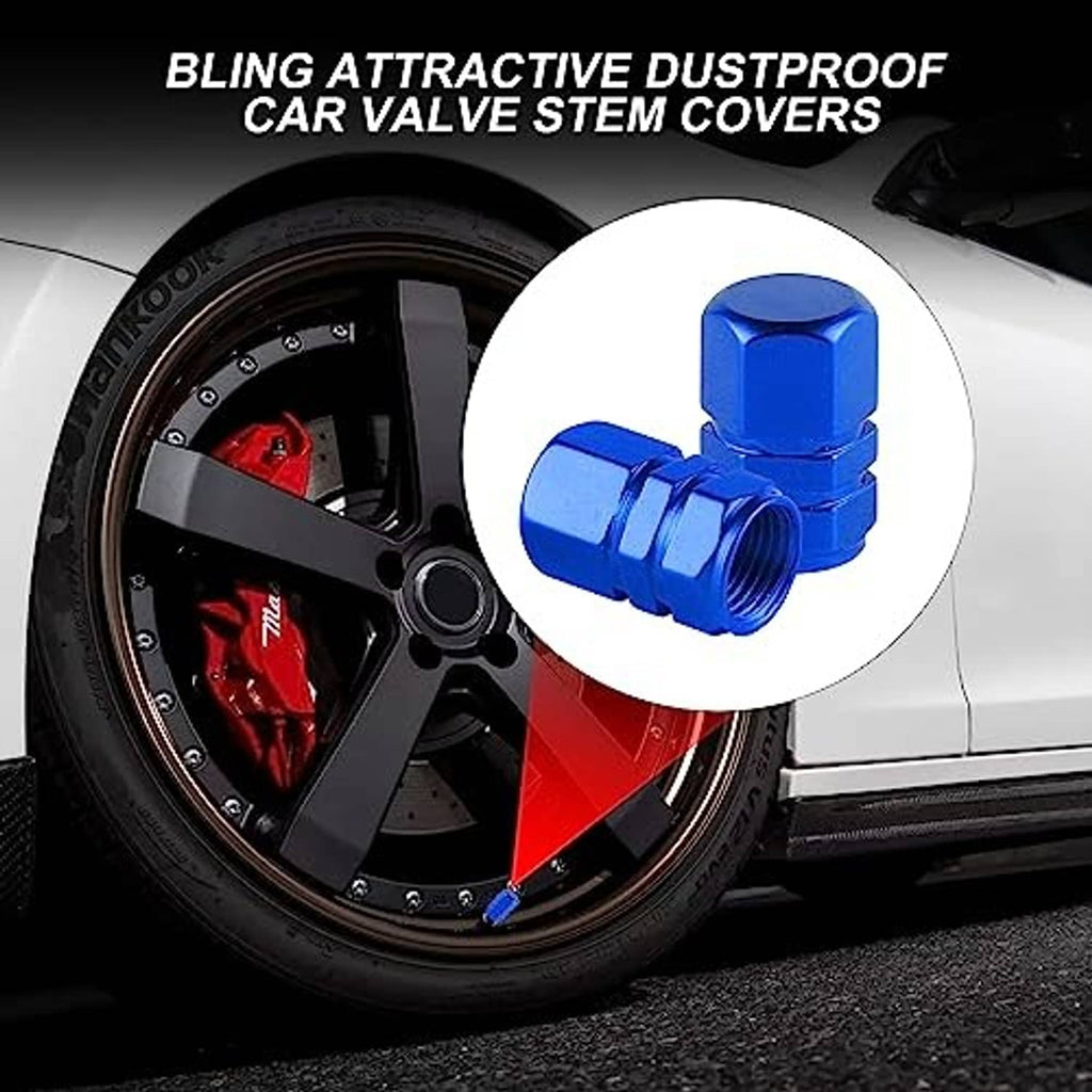 Blue aluminum tire valve stem cap with hex top and threaded valve opening.