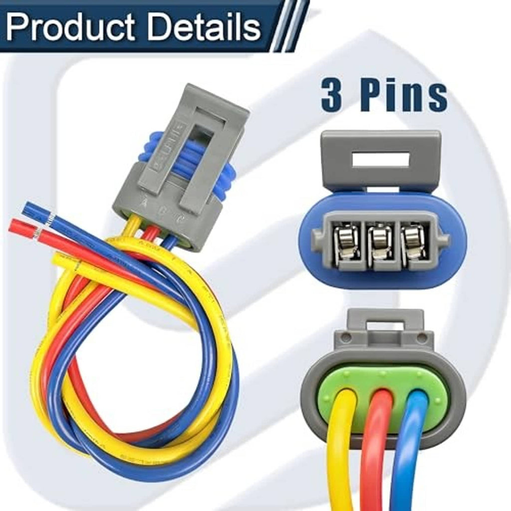 3-pin wiring harness connector with blue socket, gray housing, and yellow red blue leads