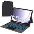 Black slim tablet keyboard case with folio cover, keyboard open at a low viewing angle