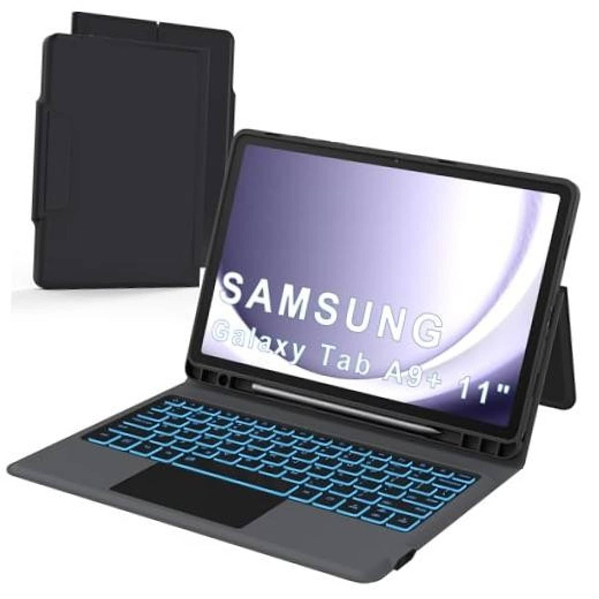 Black slim tablet keyboard case with folio cover, keyboard open at a low viewing angle