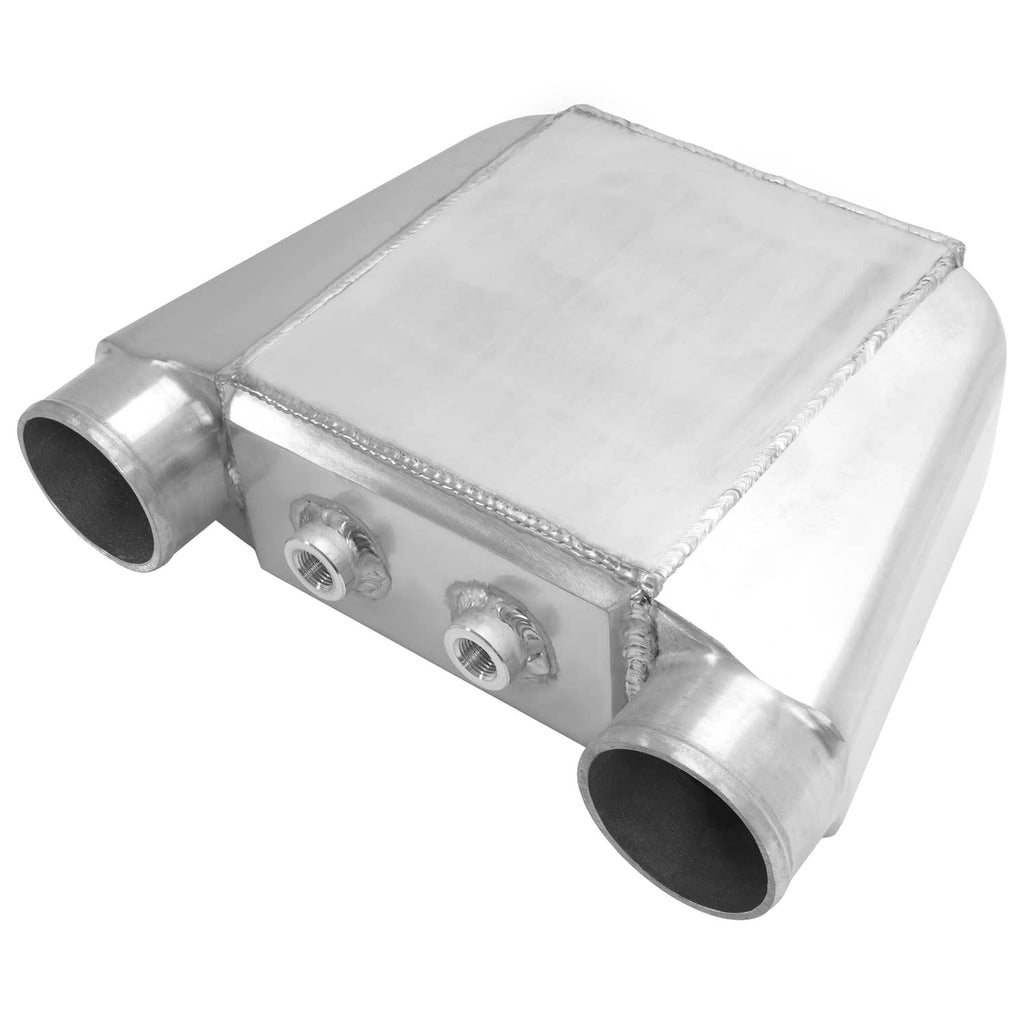 Aluminum water intercooler with two end tubes and side mounting bosses, silver metal