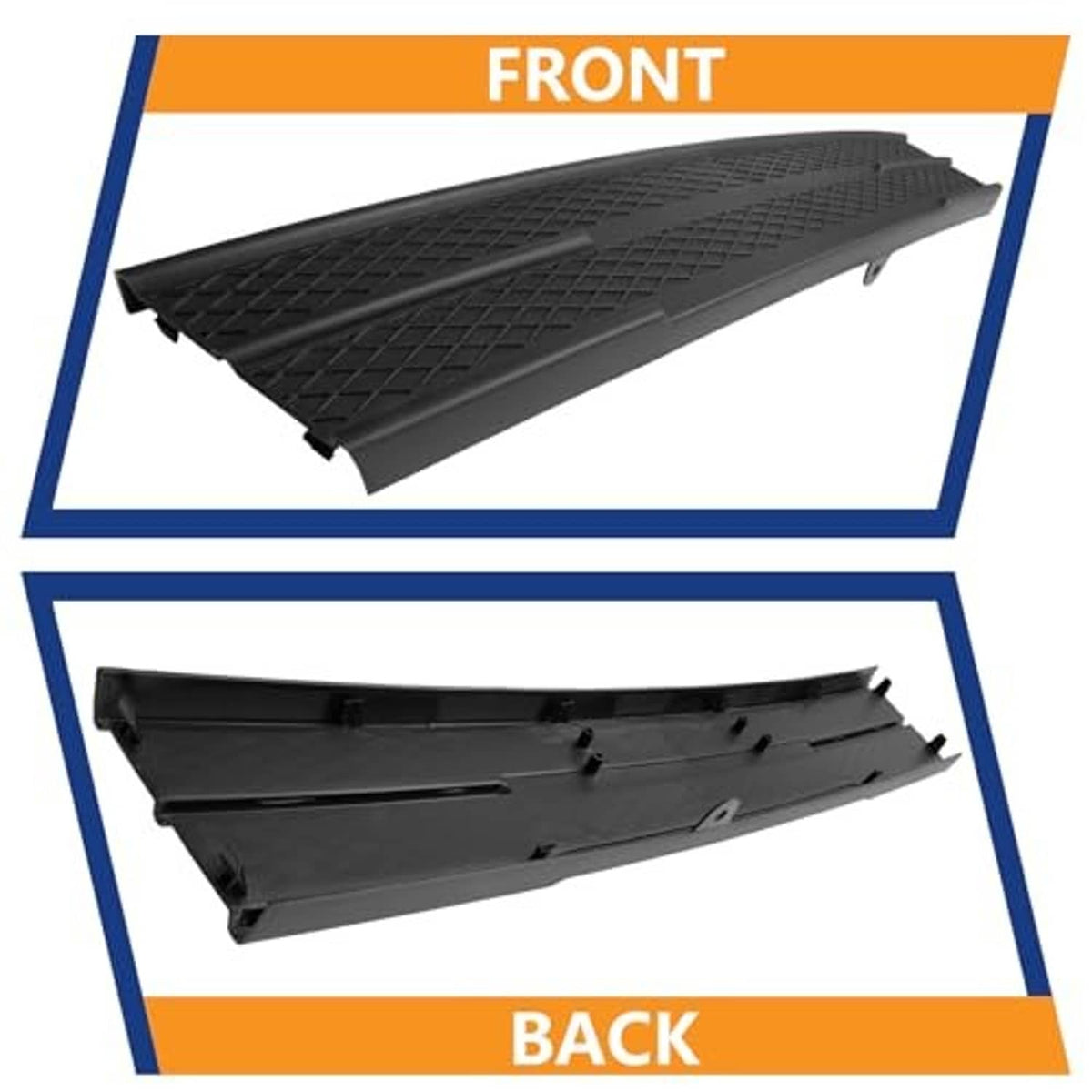 Front lower grille insert set shown from front and back, black plastic parts