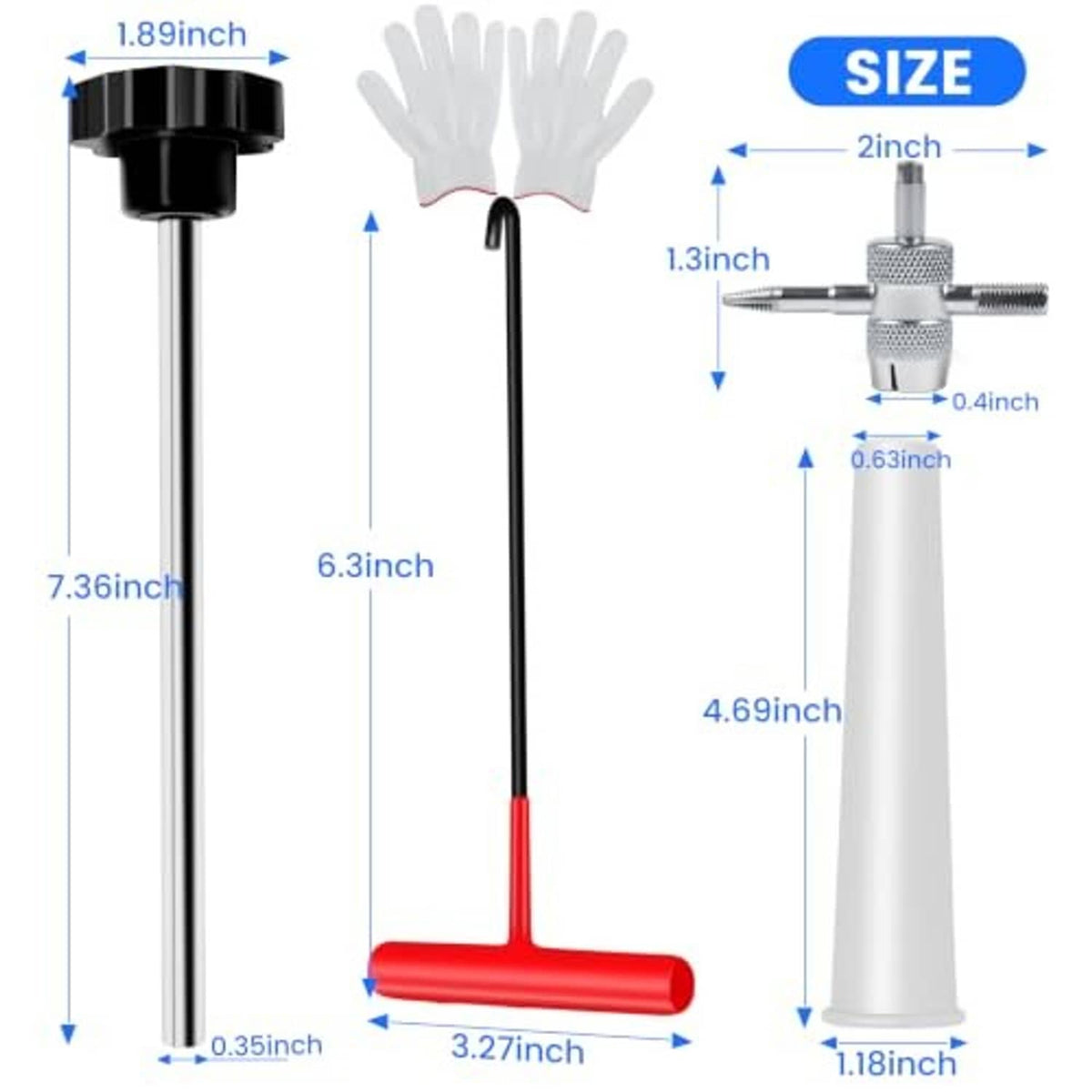 Tire valve stem insertion tool with red handle and white tube, shown with measurements
