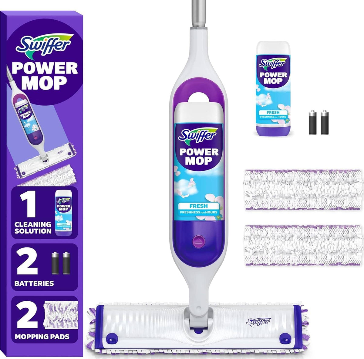 Swiffer Power Mop mopping kit with purple mop handle, pads, and cleaning solution box