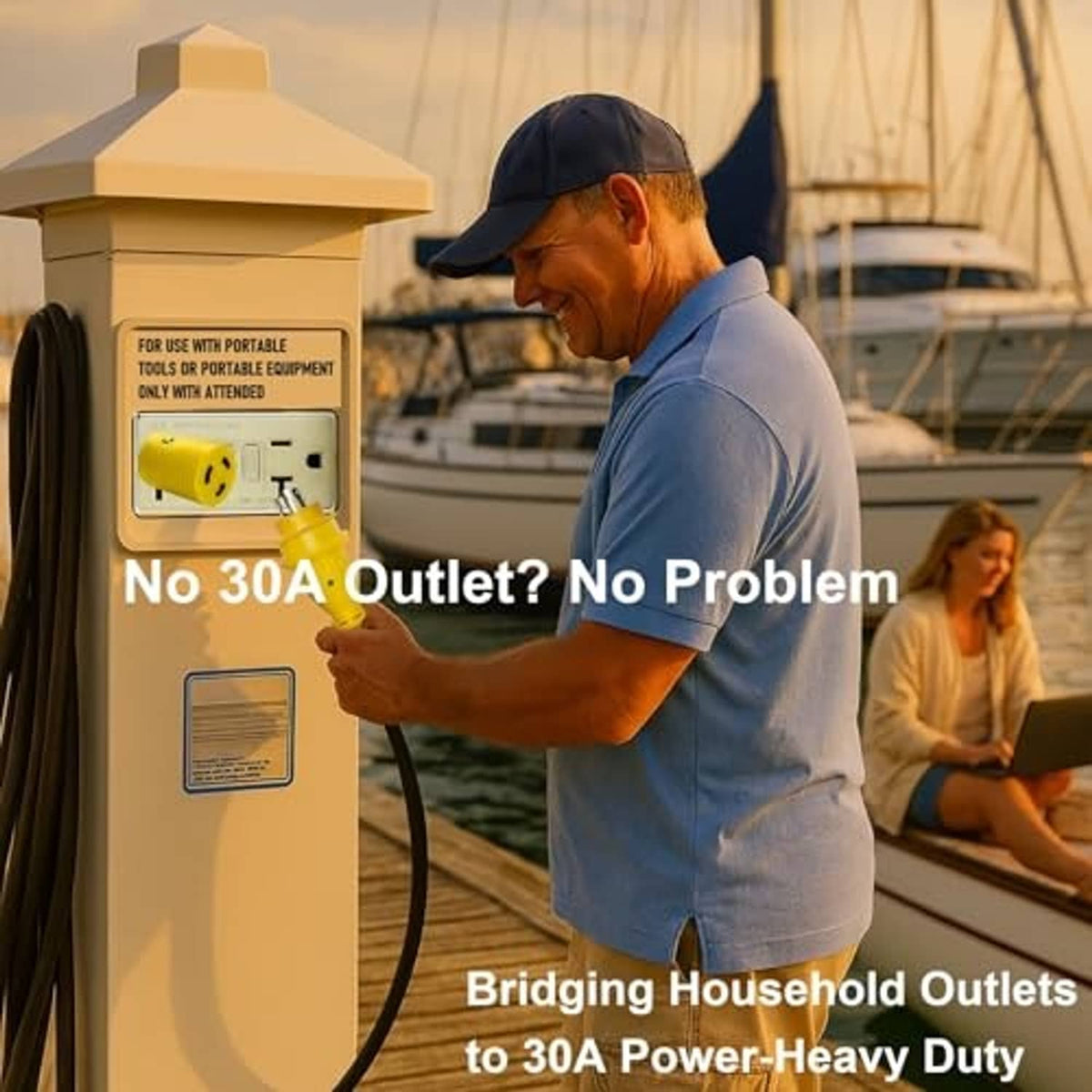 Yellow shore power adapter in hand, showing male plug end and green LED indicator