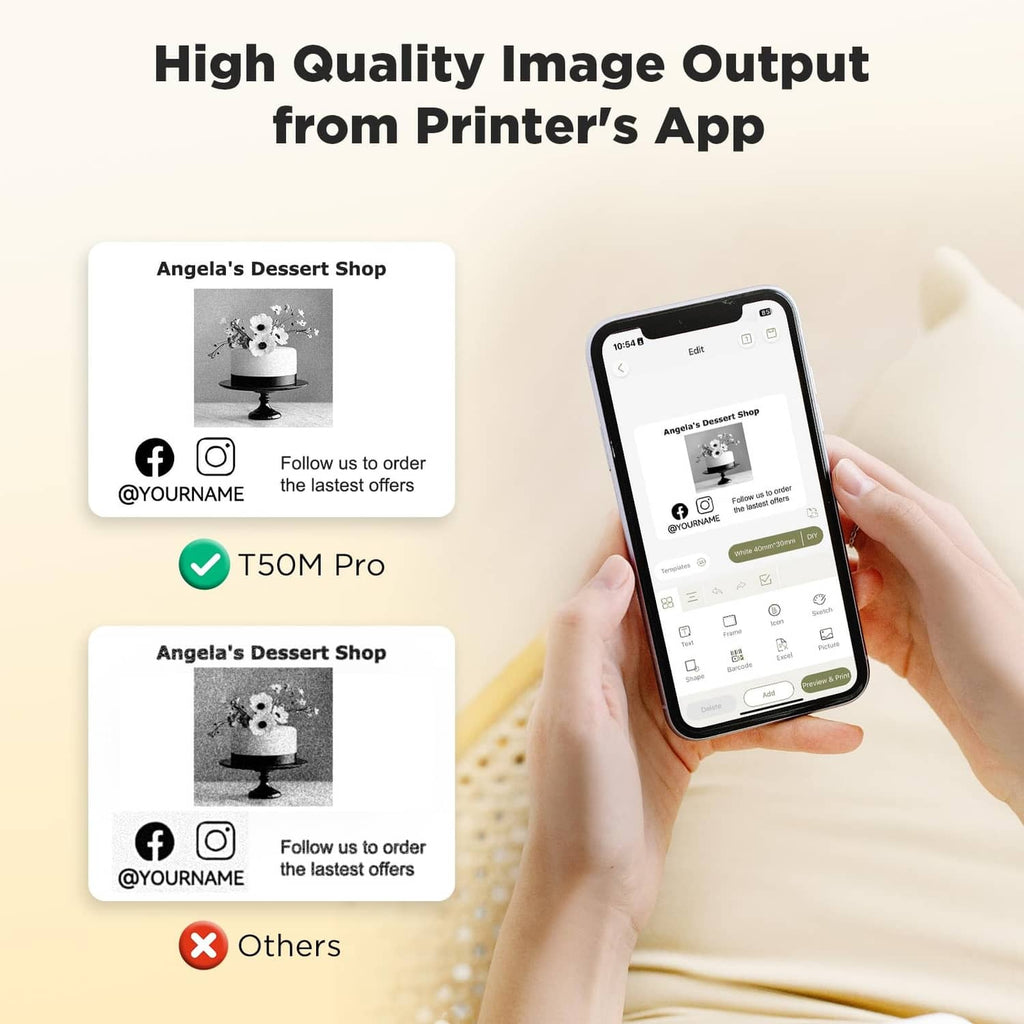 Label maker app output preview on a phone showing label designs