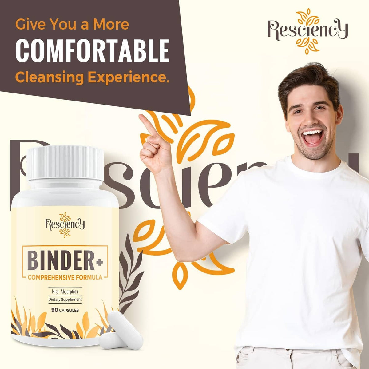 Binder+ detox supplement bottle with white cap, boxed label visible next to smiling man.