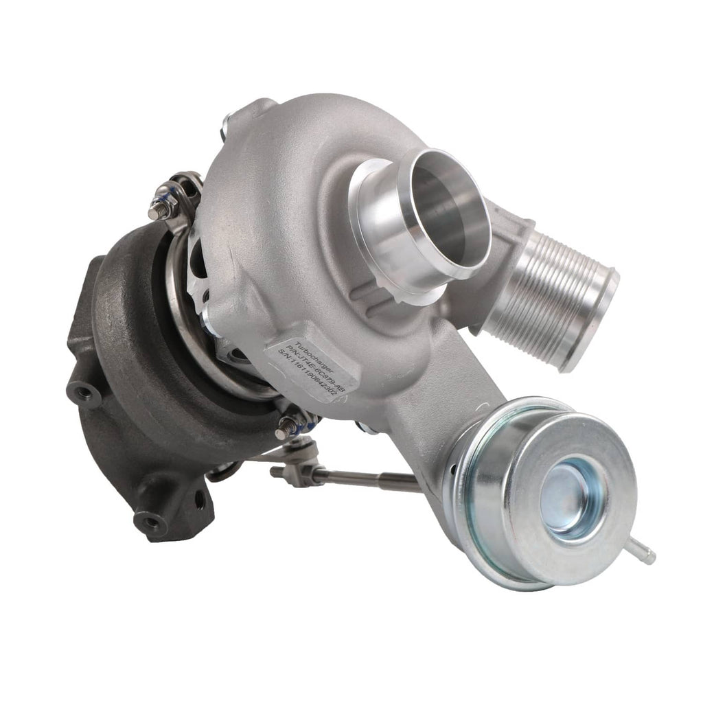 Left turbocharger with silver compressor body and finned inlet connection