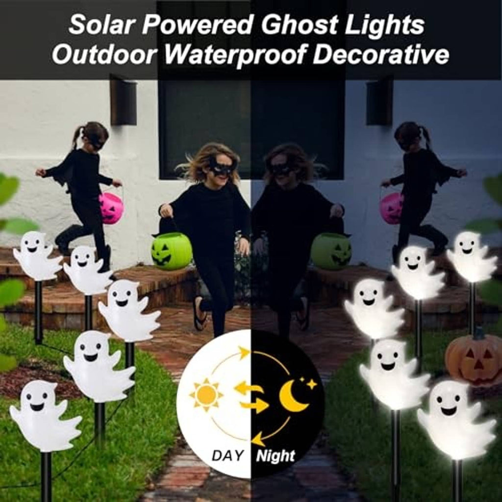 Glowing white ghost solar path lights with smiling faces, day and night glow