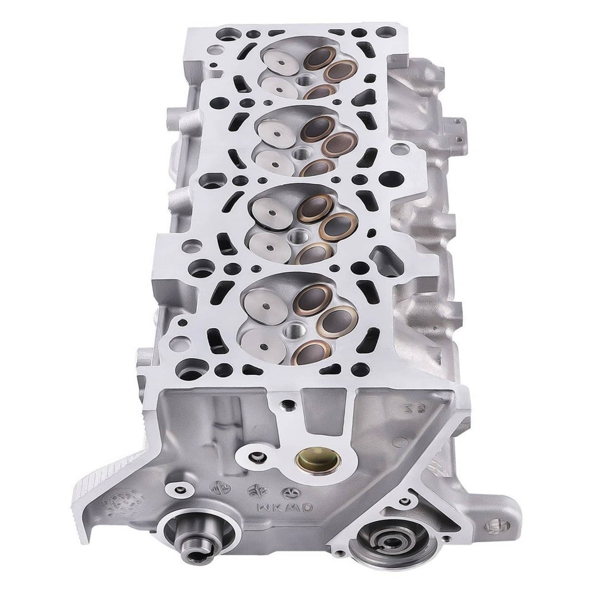 Engine cylinder head with machined chambers, valve-bore holes, and coolant passages