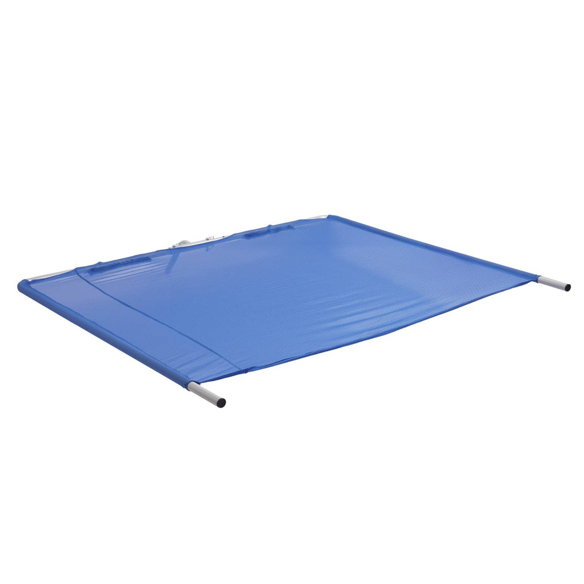 Folded blue boat sun shade with silver support poles on corners