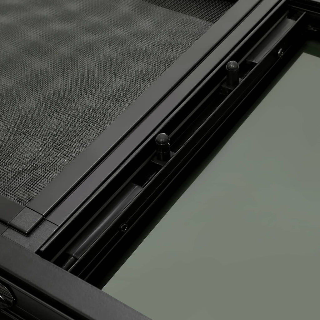 RV window mounting track with black rails and adjustment fasteners