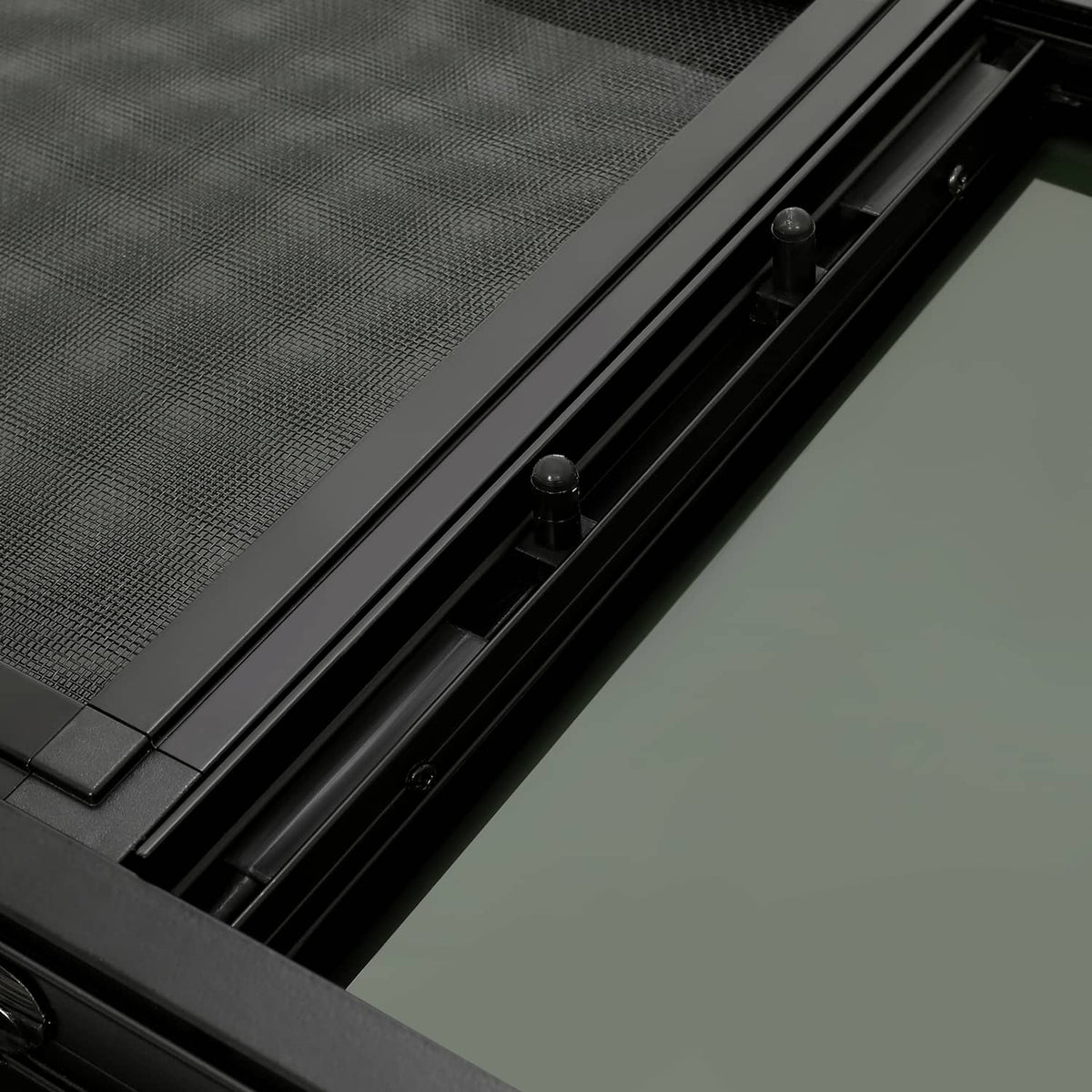 RV window mounting track with black rails and adjustment fasteners