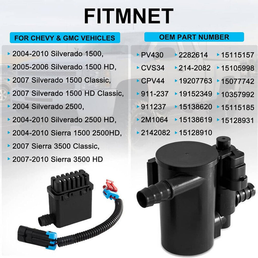 Evap vent solenoid valve kit with black canister, sensor connector, and hose leads