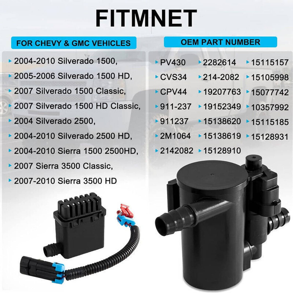 Evap vent solenoid valve kit with black canister, sensor connector, and hose leads
