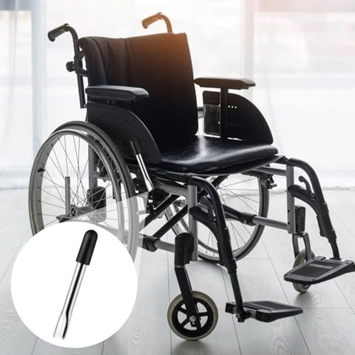 Wheelchair brake extender handle, silver metal with black rubber end cap (zoomed)
