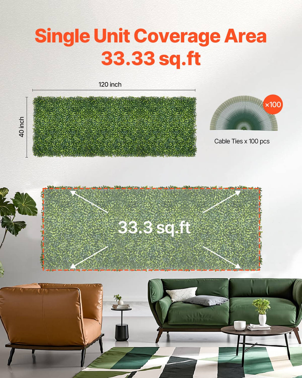 Green artificial grass coverage area diagram with panel and size illustration