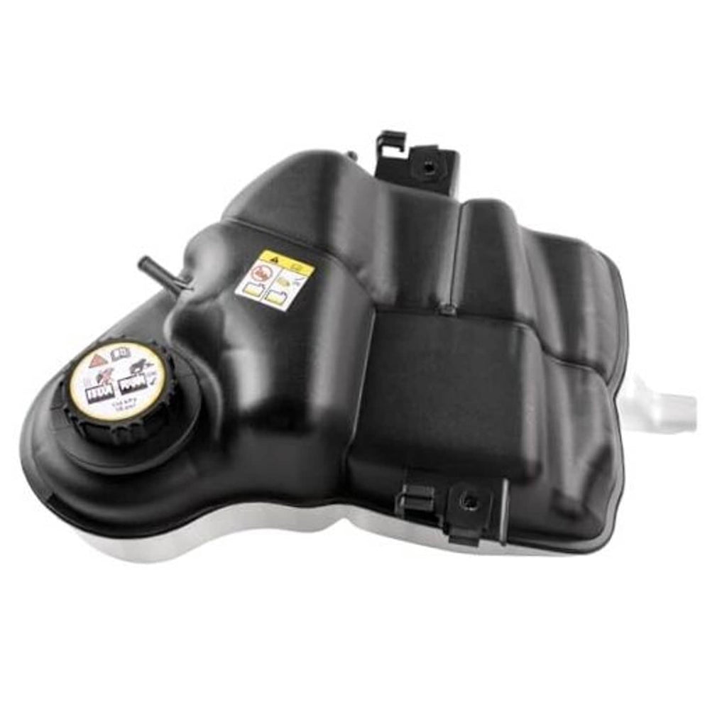 Black coolant reservoir tank with round cap and mounting brackets