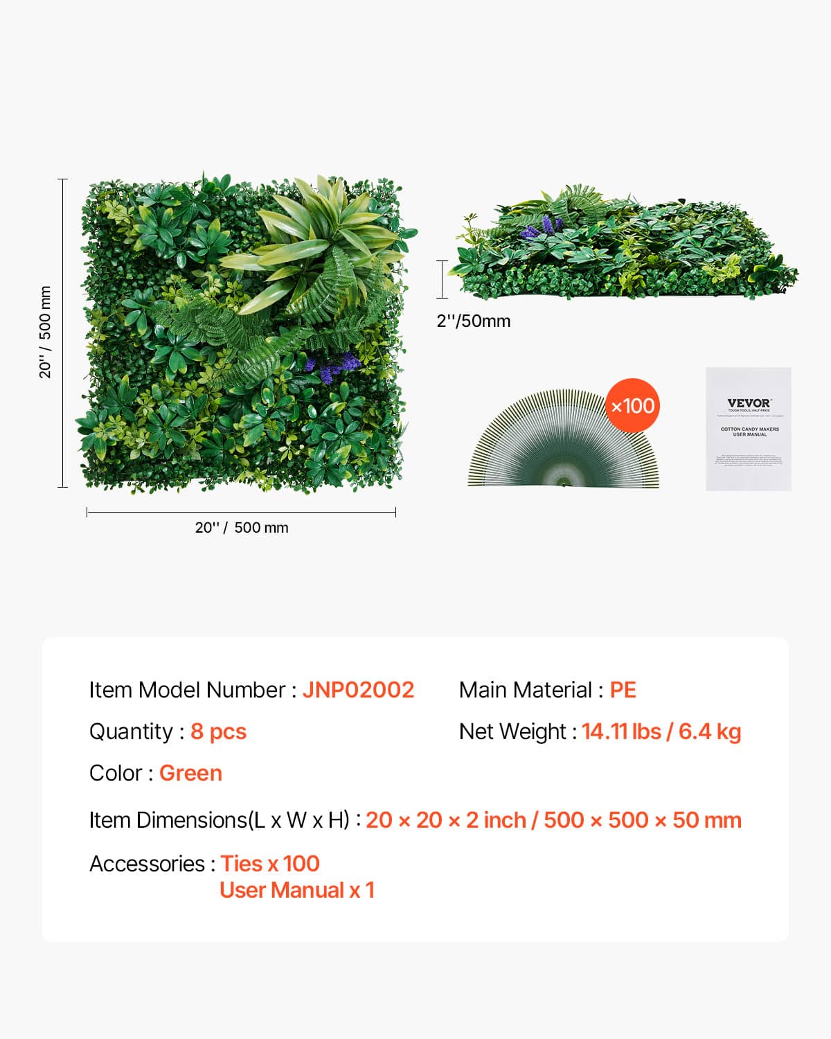 Green 20x20 in artificial greenery wall panel set with layered leaf sections and dimensions