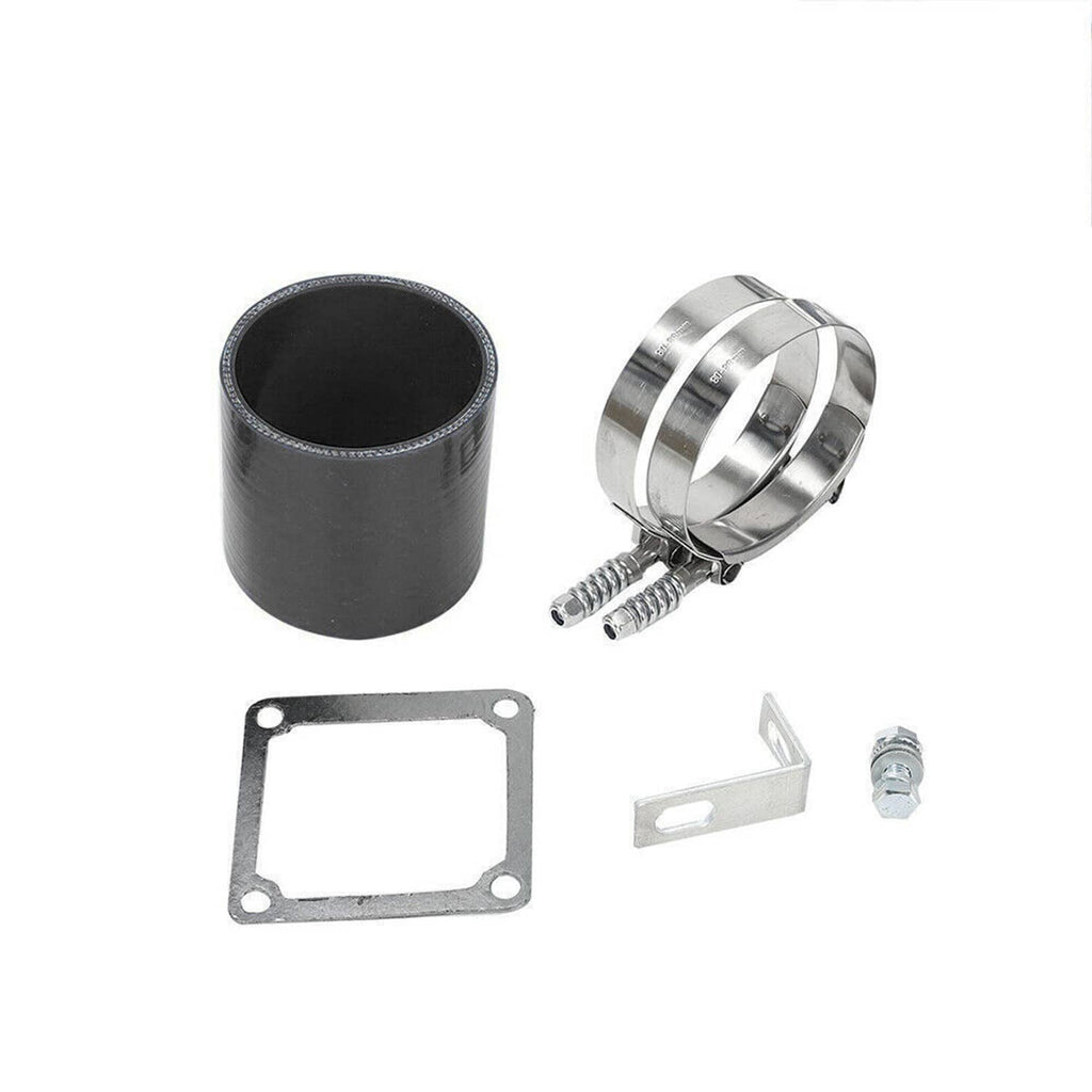 Air intake charge pipe kit with black coupler sleeve, clamps, gaskets, and mounting bracket