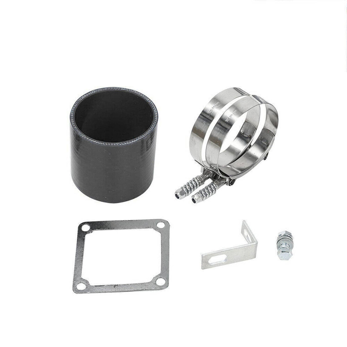 Air intake charge pipe kit with black coupler sleeve, clamps, gaskets, and mounting bracket