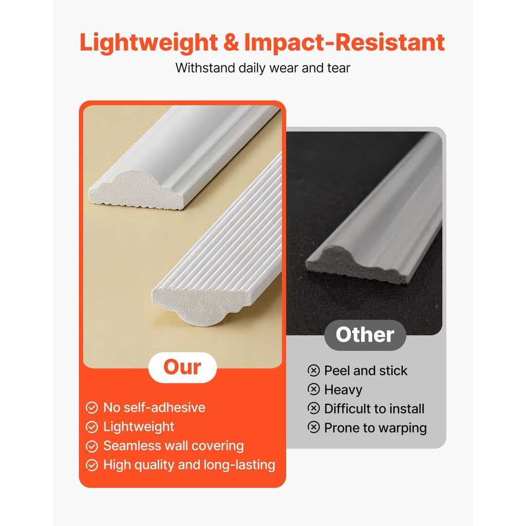 White wainscoting trim profile with textured edge, impact-resistant and waterproof