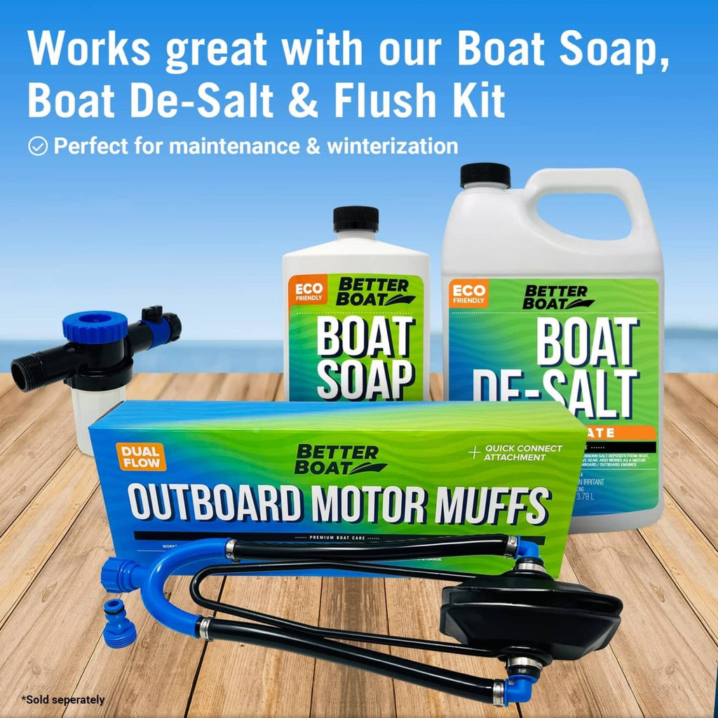 Better Boat dual-flow outboard motor flush muffs with cleaning bottles on dock