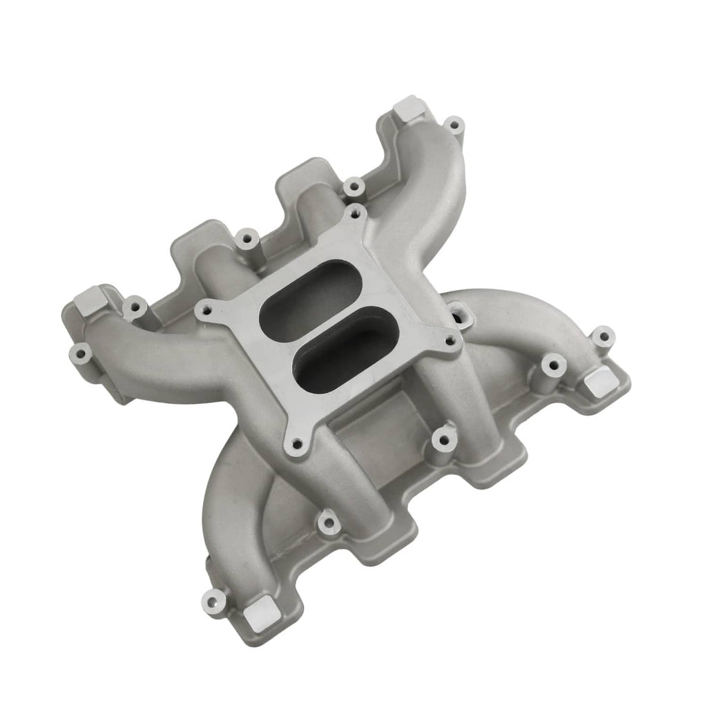 Gray aluminum intake manifold with dual openings and multiple mounting tabs