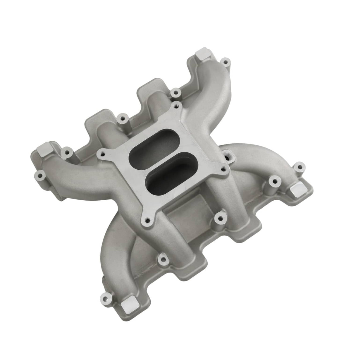 Gray aluminum intake manifold with dual openings and multiple mounting tabs