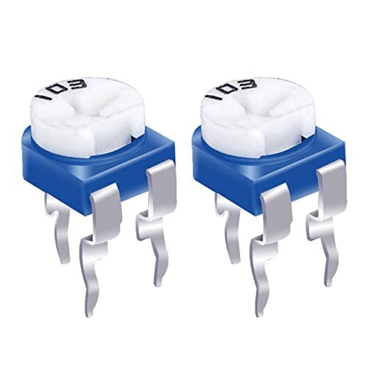 Two blue 6mm trimmer potentiometers with white tops and three metal pins each