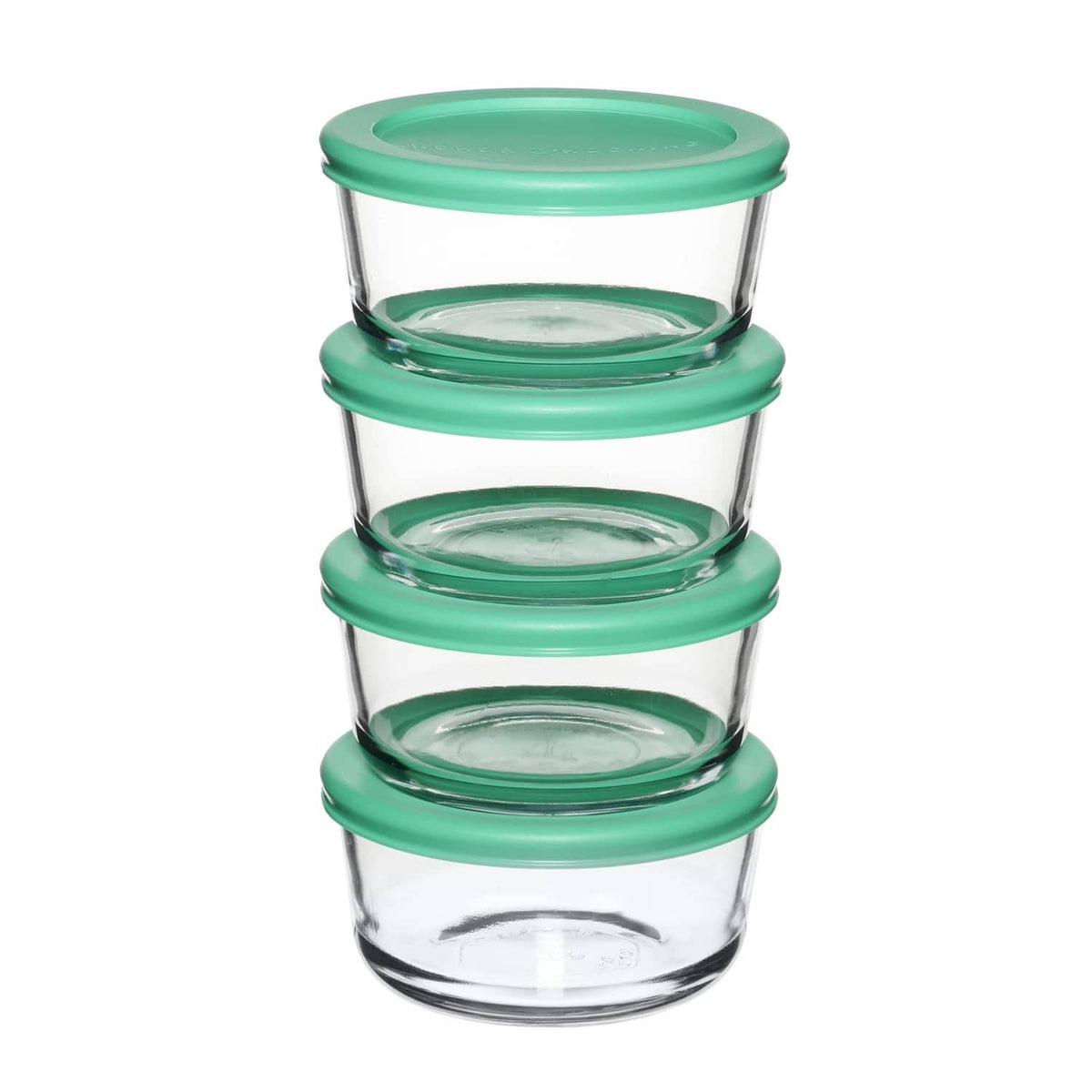 Stacked round glass storage containers with teal lids, front view