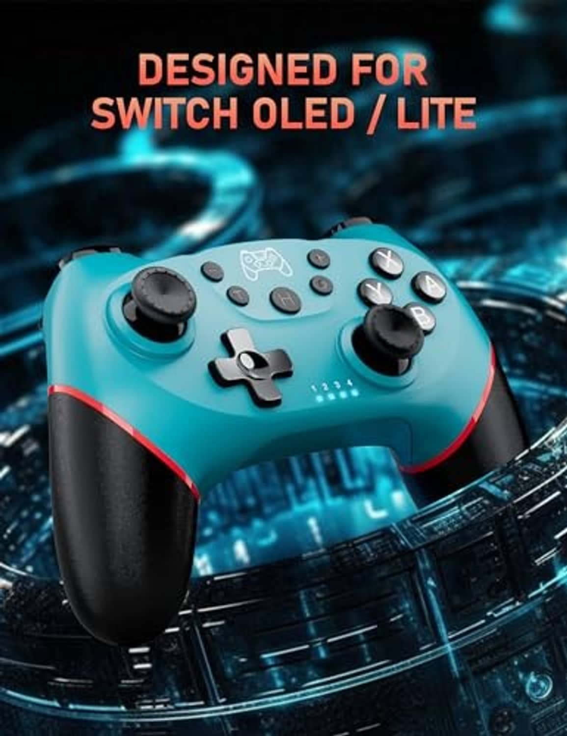 Teal wireless game controller with dual analog sticks and cross-shaped D-pad
