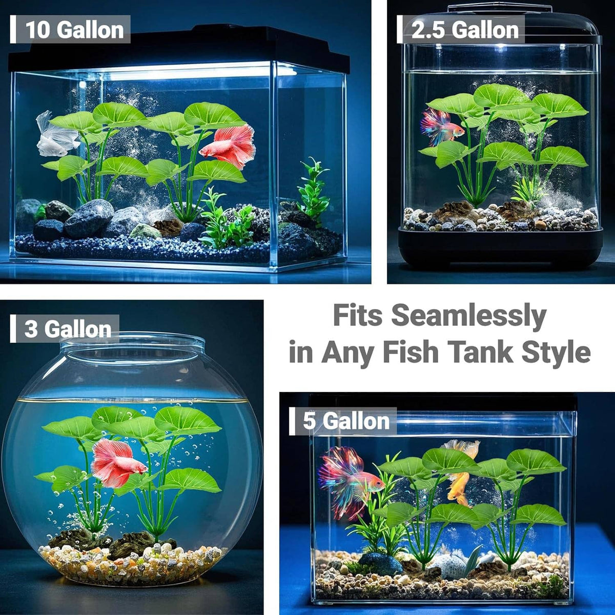 Artificial aquarium plant decoration in glass fish tank with rocks and pebbles