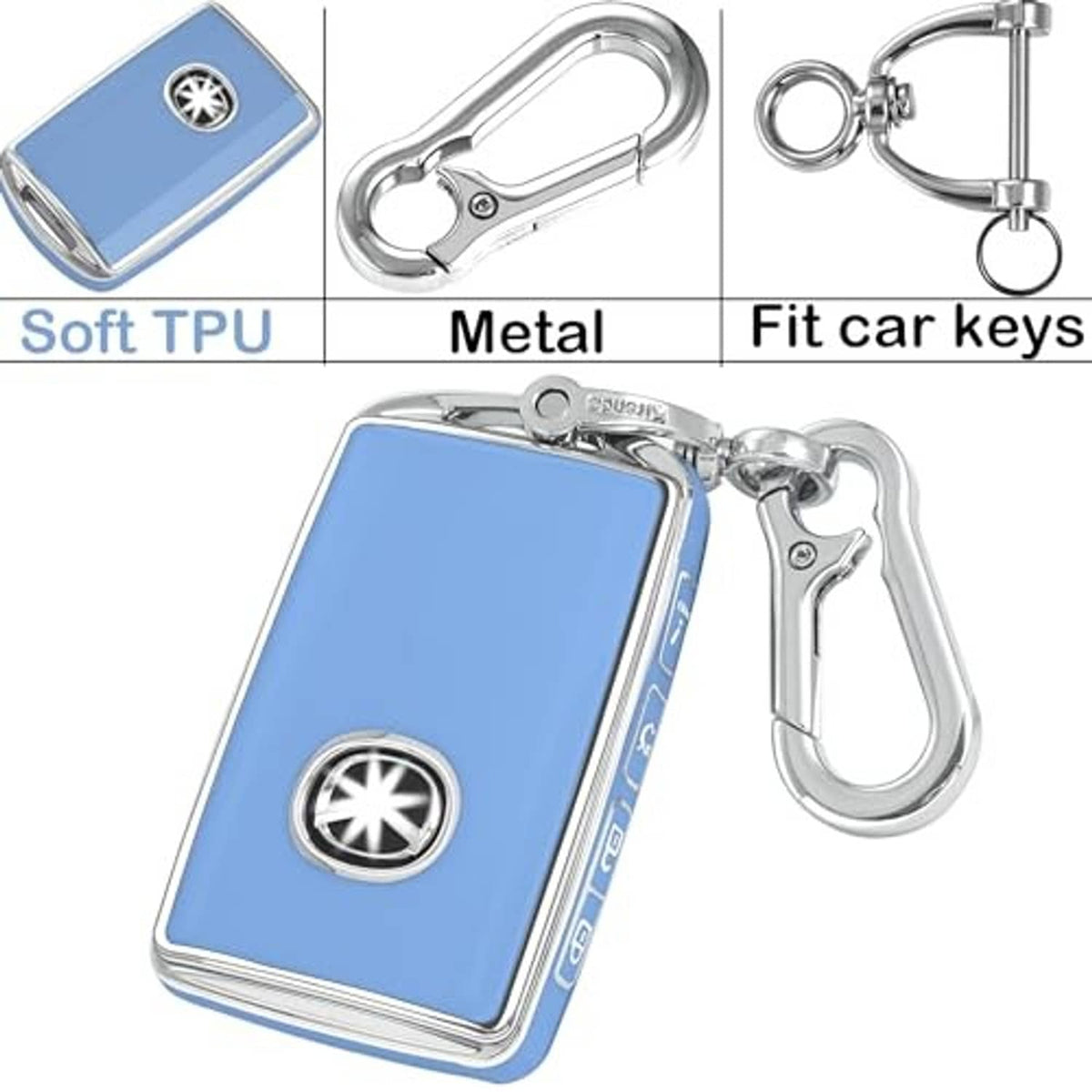 Blue soft TPU key fob case with silver keychain ring and star emblem logo