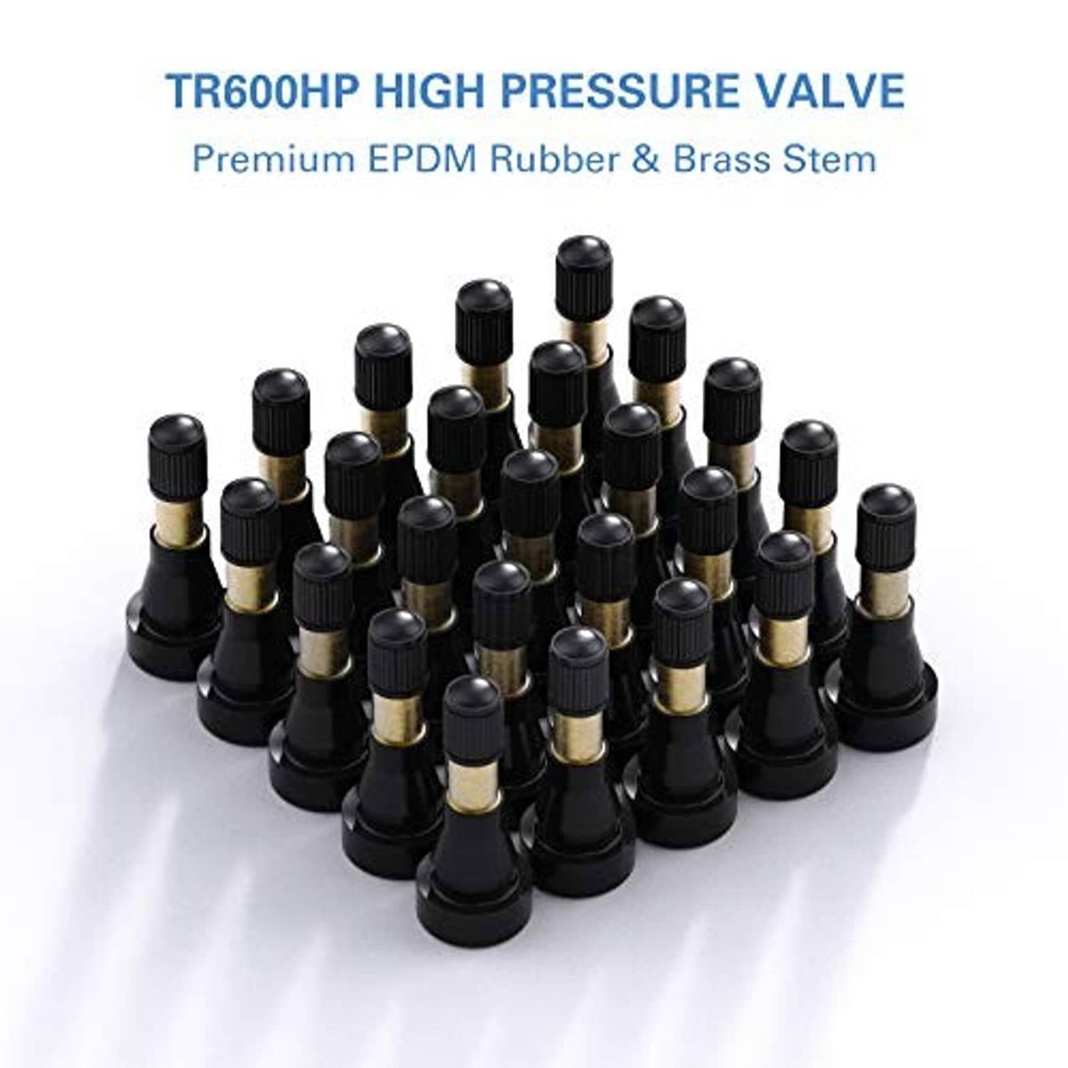 Assorted snap-in tire valve stems with black rubber bases and gold brass stems